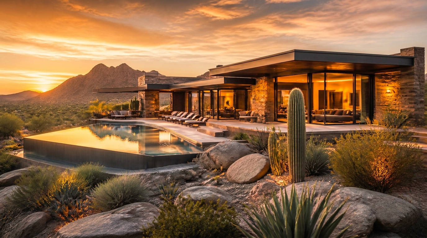 Contemporary Arizona luxury desert estate at golden hour with stone walls, glass and an infinity pool beneath a mountain range