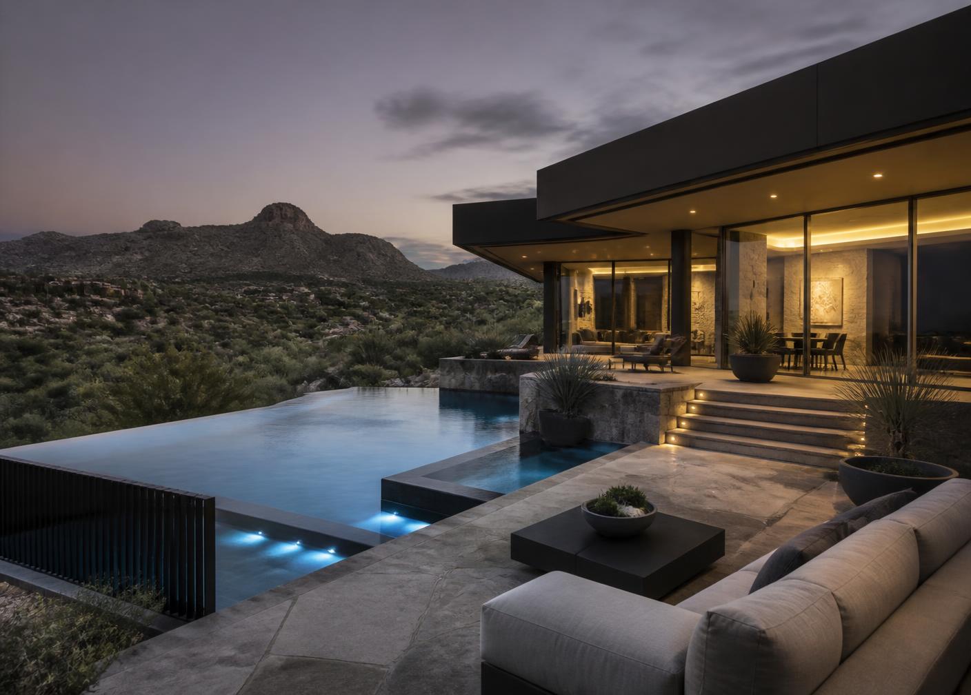 Contemporary desert residence at twilight with an infinity-edge pool and mountain backdrop